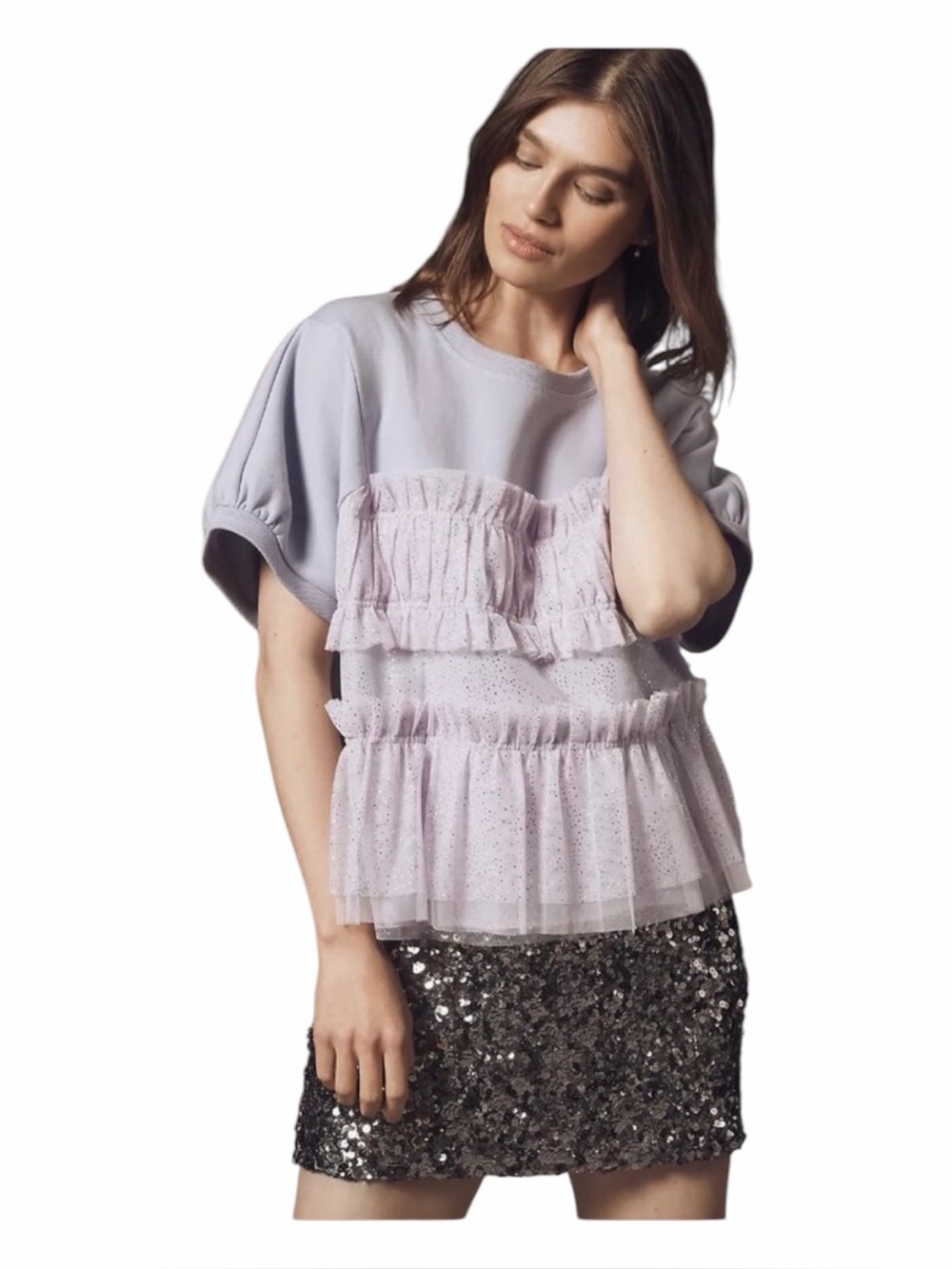 Maeve NWT Women’s Short Sleeve Sweatshirt W/Ruffle, In Lavender. Size Medium